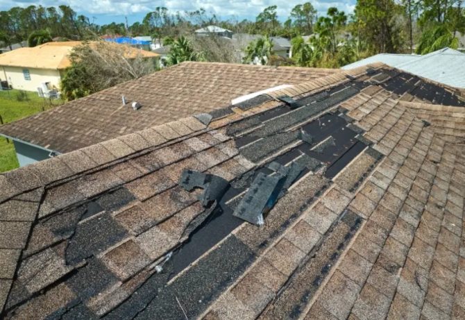 An Aerial View of a Storm-Damaged Roof Highlighting in Need of Roof Repair in St. Augustine, FL
